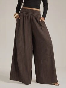 SHEIN Tall 女款棕色抓皺寬腿長褲（端莊風格） - 棕色 - 查看 3
