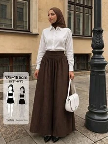 SHEIN Tall 女款棕色抓皺寬腿長褲（端莊風格） - 棕色 - 查看 4