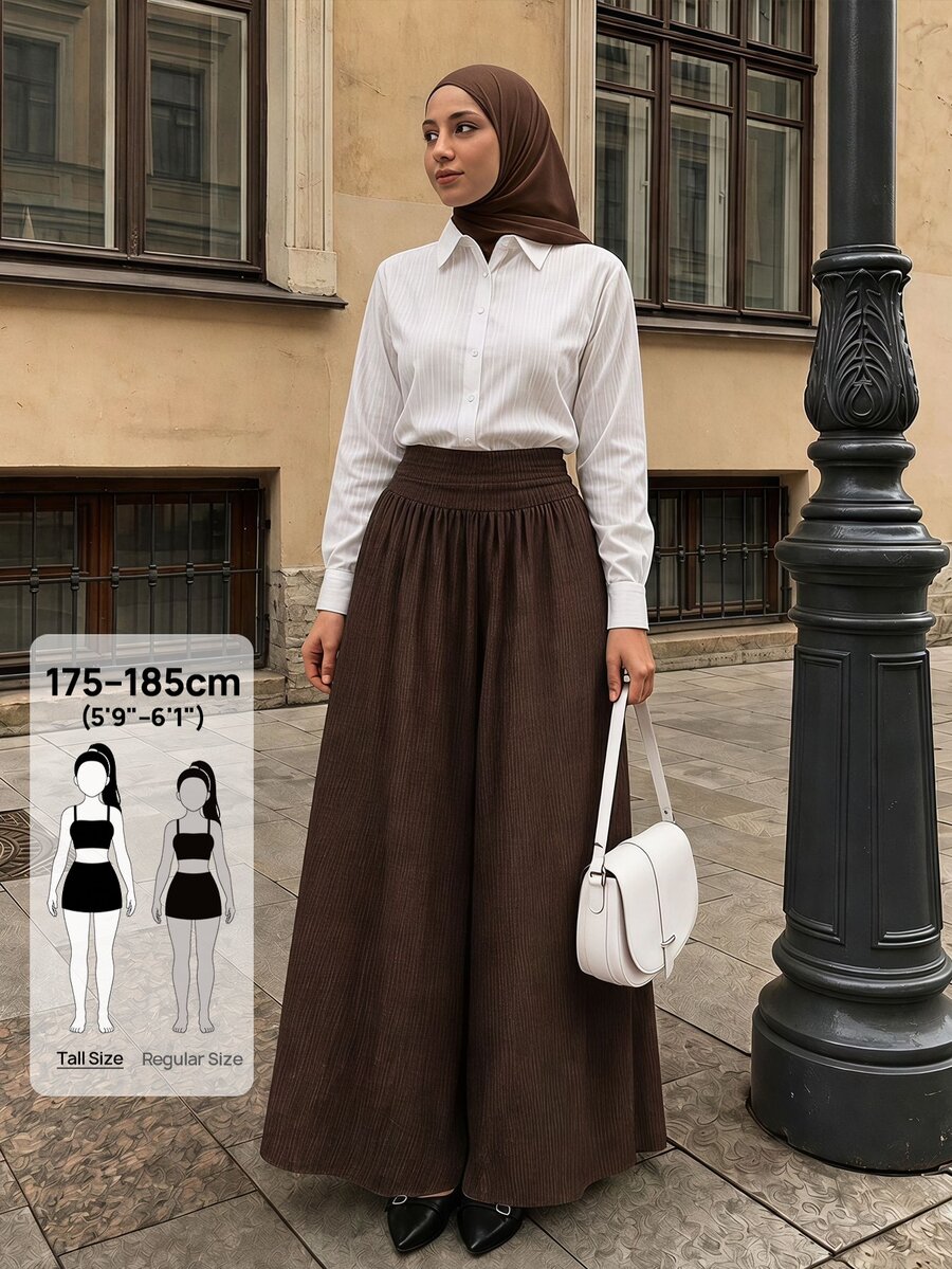 SHEIN Tall Celana Panjang Wanita Cokelat Model Lebar dengan Detail Kerut (Gaya Sopan) - Coklat - View 1