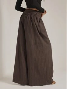 SHEIN Tall 女款棕色抓皺寬腿長褲（端莊風格） - 棕色 - 查看 2