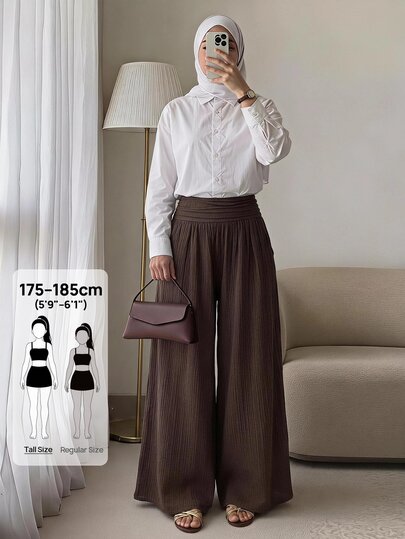 SHEIN Tall Women's Brown Ruched Wide-Leg Trousers (Modest Style)
