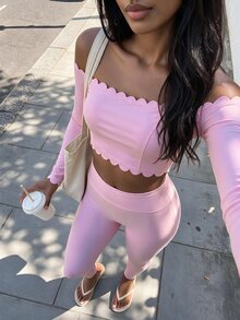 Dewbera Dewbera Off-Shoulder Ruffle Long Sleeve Cropped Top, Pink Set, Wavy Long Sleeve Off-Shoulder Top - Pink - View 1
