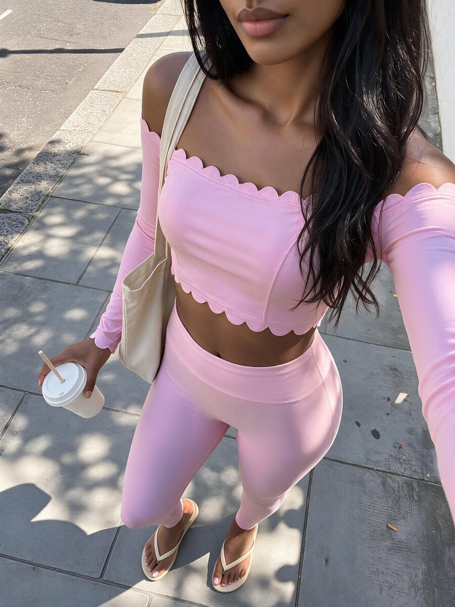 Dewbera Dewbera Off-Shoulder Ruffle Long Sleeve Cropped Top, Pink Set, Wavy Long Sleeve Off-Shoulder Top - Pink - View 1