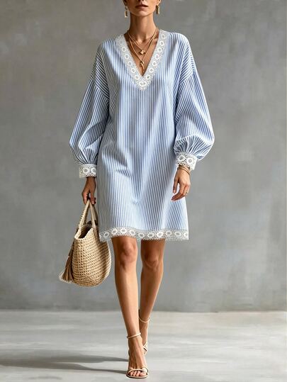 Trelyra Light Blue Print Guipure Lace Trim Lantern Sleeve Tunic Dress Garden Party Vacation Fall Elegant Chic