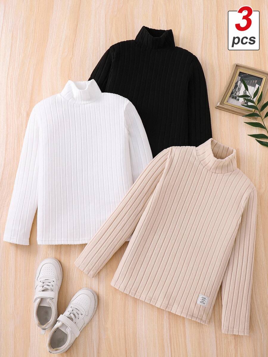 3pcs/Set Tween Boy Ribbed Ribbed Turtleneck Long Sleeve Black White Beige T-Shirts Autumn School Basic Loose School Basic Modest Casual Basic School