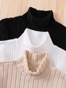 3pcs/Set Tween Boy Ribbed Ribbed Turtleneck Long Sleeve Black White Beige T-Shirts Autumn School Basic Loose School Basic Modest Casual Basic School - Multicolor - View 5
