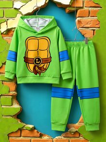 TEENAGE MUTANT NINJA TURTLES | SHEIN Teen MUTANT TURTLES 2件組男嬰連帽長袖抓絨運動衫與配套長褲套裝，適合秋冬穿著 - 彩色 - 查看 3