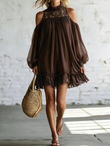 SHEIN Women Brown Fall Mini Dress Boho Cold Shoulder Lace Halter Ruffle Hem Flowy Dress Beach Holiday - Brown - View 7