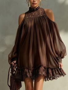 SHEIN Women Brown Fall Mini Dress Boho Cold Shoulder Lace Halter Ruffle Hem Flowy Dress Beach Holiday - Brown - View 4