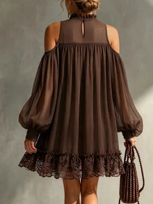 SHEIN Women Brown Fall Mini Dress Boho Cold Shoulder Lace Halter Ruffle Hem Flowy Dress Beach Holiday - Brown - View 3