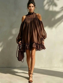 SHEIN Women Brown Fall Mini Dress Boho Cold Shoulder Lace Halter Ruffle Hem Flowy Dress Beach Holiday - Brown - View 5