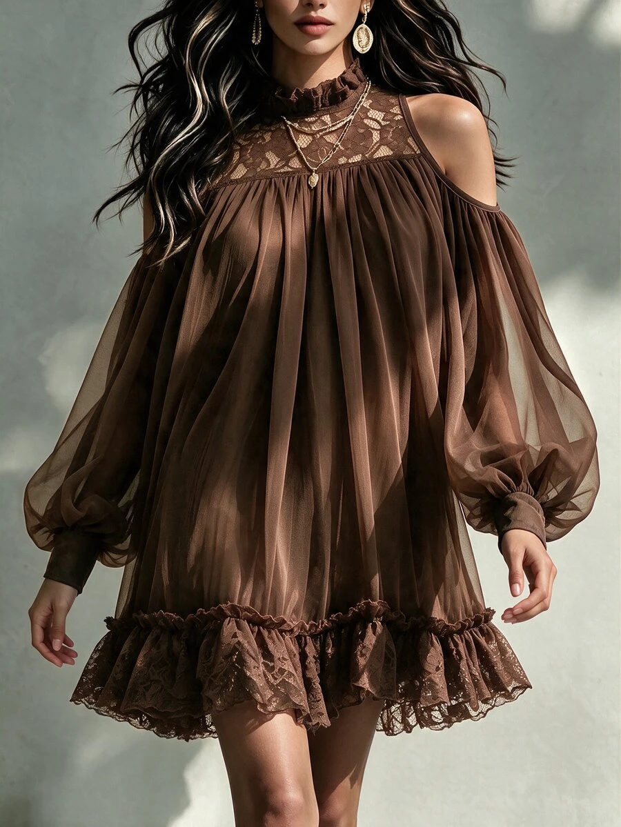 SHEIN Women Brown Fall Mini Dress Boho Cold Shoulder Lace Halter Ruffle Hem Flowy Dress Beach Holiday