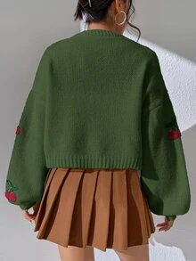 SHEIN Unity 女款櫻桃圖案休閒百搭日常穿著開襟衫 - 綠色 - 查看 2
