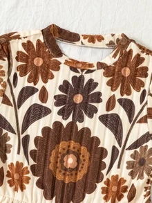 Tween Girls Brown Fleece Lined Dress 2 Pieces Set, Solid Color Fuzzy Cardigan Paired With Vintage Ditsy Floral Skirt, Autumn/Winter - Multicolor - View 7