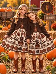 Tween Girls Brown Fleece Lined Dress 2 Pieces Set, Solid Color Fuzzy Cardigan Paired With Vintage Ditsy Floral Skirt, Autumn/Winter - Multicolor - View 5