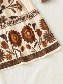 Tween Girls Brown Fleece Lined Dress 2 Pieces Set, Solid Color Fuzzy Cardigan Paired With Vintage Ditsy Floral Skirt, Autumn/Winter - Multicolor - View 8