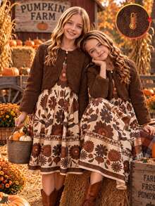 Tween Girls Brown Fleece Lined Dress 2 Pieces Set, Solid Color Fuzzy Cardigan Paired With Vintage Ditsy Floral Skirt, Autumn/Winter - Multicolor - View 4