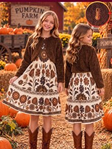 Tween Girls Brown Fleece Lined Dress 2 Pieces Set, Solid Color Fuzzy Cardigan Paired With Vintage Ditsy Floral Skirt, Autumn/Winter - Multicolor - View 2