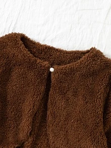 Tween Girls Brown Fleece Lined Dress 2 Pieces Set, Solid Color Fuzzy Cardigan Paired With Vintage Ditsy Floral Skirt, Autumn/Winter - Multicolor - View 6