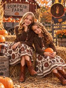 Tween Girls Brown Fleece Lined Dress 2 Pieces Set, Solid Color Fuzzy Cardigan Paired With Vintage Ditsy Floral Skirt, Autumn/Winter - Multicolor - View 3