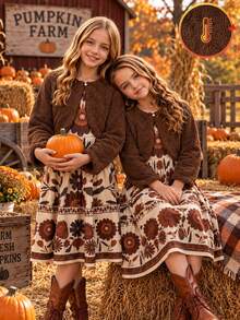 Tween Girls Brown Fleece Lined Dress 2 Pieces Set, Solid Color Fuzzy Cardigan Paired With Vintage Ditsy Floral Skirt, Autumn/Winter - Multicolor - View 1