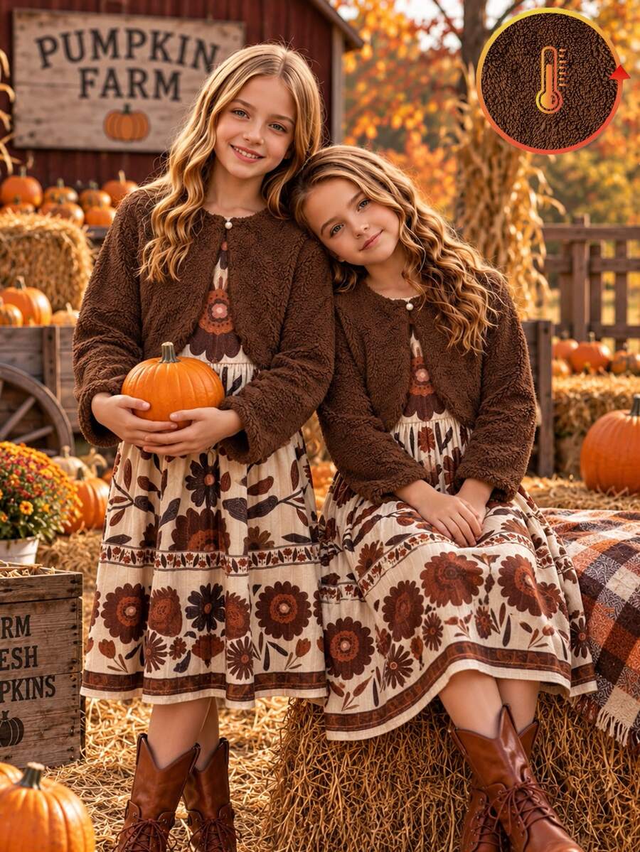 Tween Girls Brown Fleece Lined Dress 2 Pieces Set, Solid Color Fuzzy Cardigan Paired With Vintage Ditsy Floral Skirt, Autumn/Winter - Multicolor - View 1