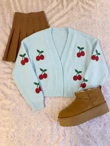 Autumina Women's Cherry Pattern Casual Versatile Daily Wear Cardigan - Blue - View 5