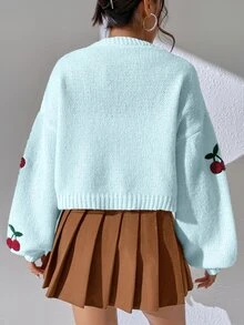 Autumina Women's Cherry Pattern Casual Versatile Daily Wear Cardigan - Blue - View 2