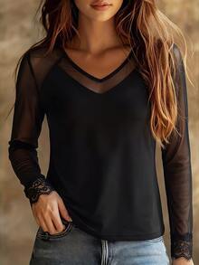 SHEIN Fiorisel Women's Elegant Mesh Patchwork Black Top - Black - View 3