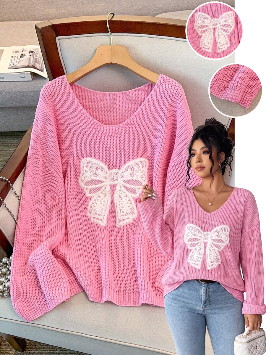 GlowEve CURVE Plus Bow Pattern Drop Shoulder Sweater Winter - Pink - View 1