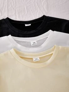 SHEIN Tween女孩黑色白色米色羅紋短袖T恤純色布料夏季套裝休閒百搭端莊街頭風返校校園 - 彩色 - 查看 5