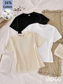 SHEIN Tween女孩黑色白色米色羅紋短袖T恤純色布料夏季套裝休閒百搭端莊街頭風返校校園 - 彩色 - 查看 2