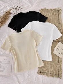 SHEIN Tween女孩黑色白色米色羅紋短袖T恤純色布料夏季套裝休閒百搭端莊街頭風返校校園 - 彩色 - 查看 4