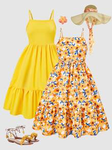 SHEIN Vintaside Kids Gaun Anak Perempuan Remaja Motif Bunga Putih dengan Tali Bahu Tipis, Gaya Musim Gugur AS, Pakaian Musim Gugur, Gaun untuk Anak Perempuan - MultiWarna - View 5