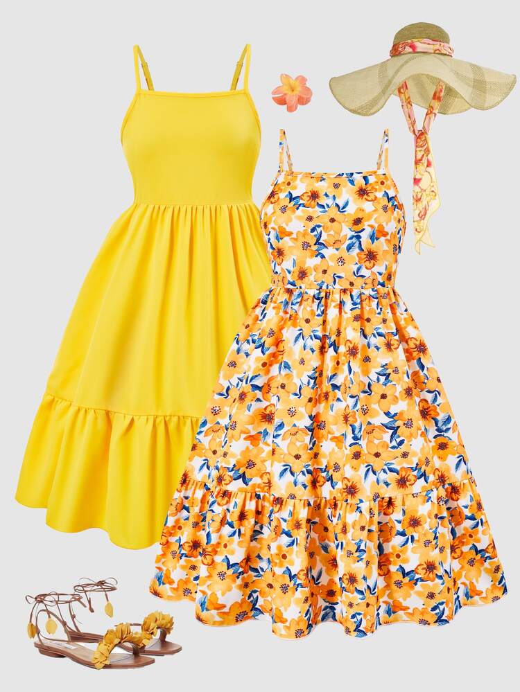 SHEIN Vintaside Kids فستان بناتي أبيض بنقشة زهور بحمالات رفيعة، ستايل خريفي أمريكي، ملابس خريفية للبنات - متعدد الألوان - مشاهدة 4