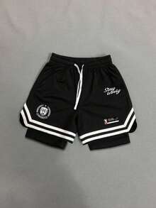 Gym Rark Men's Letter Stripe Print Double Layer Drawstring Waist Sports Shorts, Gym - Black - View 5