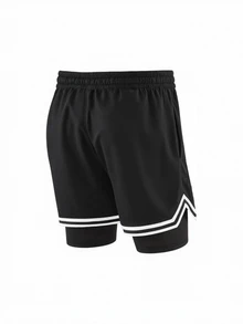 Gym Rark Men's Letter Stripe Print Double Layer Drawstring Waist Sports Shorts, Gym - Black - View 2