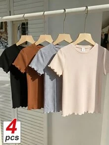 SHEIN Tween Girl Solid Color Round Neck Short Sleeve Casual T-Shirt 4pcs Set, Holiday Outfits, Comfortable, Daily - Multicolor - View 1