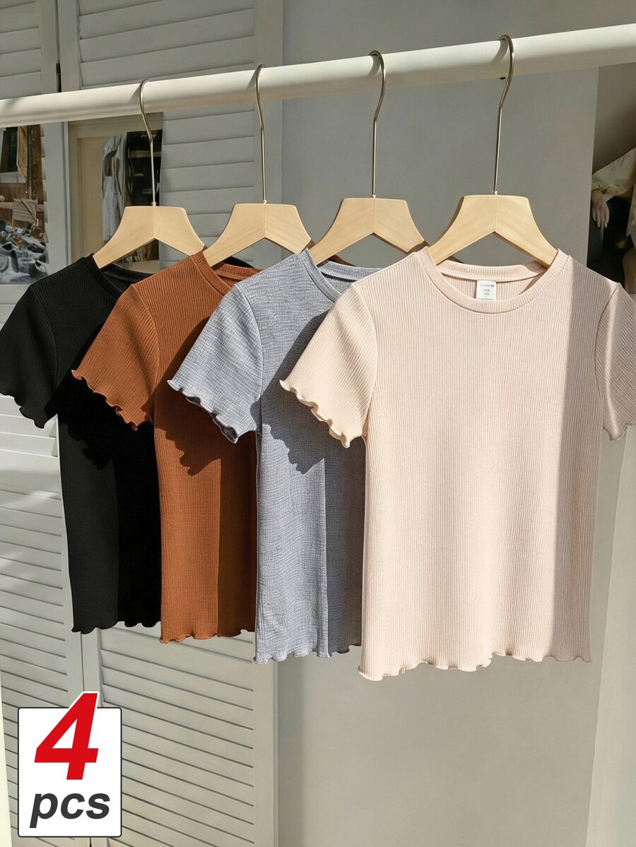 SHEIN Tween Girl Solid Color Round Neck Short Sleeve Casual T-Shirt 4pcs Set, Holiday Outfits, Comfortable, Daily - Multicolor - View 1