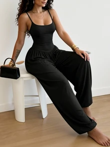 INAWLY Solva Women's Solid Color Pleated Casual Daily Wear Spaghetti Strap Jumpsuit - Black - View 3