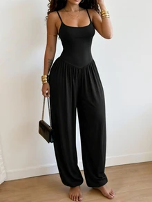 INAWLY Solva Women's Solid Color Pleated Casual Daily Wear Spaghetti Strap Jumpsuit - Black - View 2