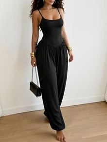 INAWLY Solva Women's Solid Color Pleated Casual Daily Wear Spaghetti Strap Jumpsuit - Black - View 5
