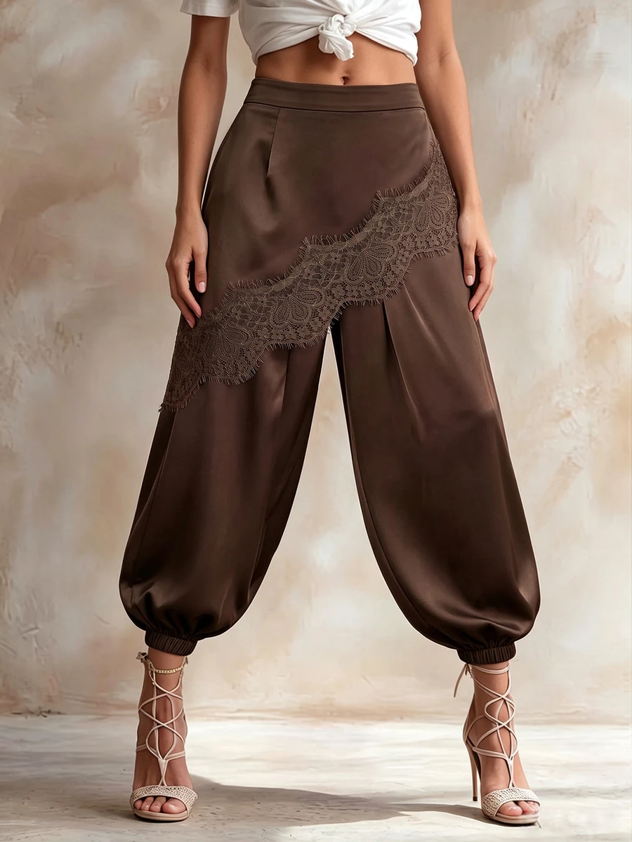 SHEIN Women's Elegant Satin & Lace Patchwork Design Long Pants, Casual & Elegant For Holiday Party Wear - Coffee Brown - View 1