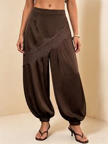 SHEIN Women's Elegant Satin & Lace Patchwork Design Long Pants, Casual & Elegant For Holiday Party Wear - Coffee Brown - View 3