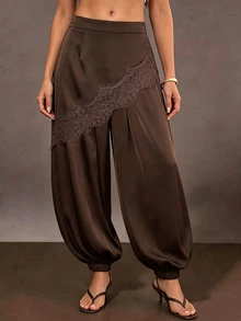 SHEIN Women's Elegant Satin & Lace Patchwork Design Long Pants, Casual & Elegant For Holiday Party Wear - Coffee Brown - View 4