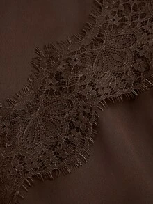 SHEIN Women's Elegant Satin & Lace Patchwork Design Long Pants, Casual & Elegant For Holiday Party Wear - Coffee Brown - View 7