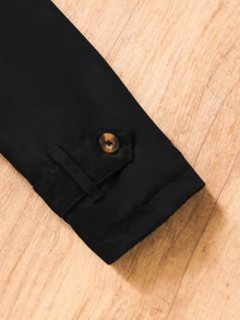 SHEIN Elladie kids 女童卡其色保暖內裡連帽雙排扣時尚外套，適合休閒日常穿著，冬季新款秋季連帽衫 - 黑色 - 查看 5