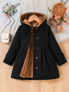 SHEIN Elladie kids 女童卡其色保暖內裡連帽雙排扣時尚外套，適合休閒日常穿著，冬季新款秋季連帽衫 - 黑色 - 查看 9