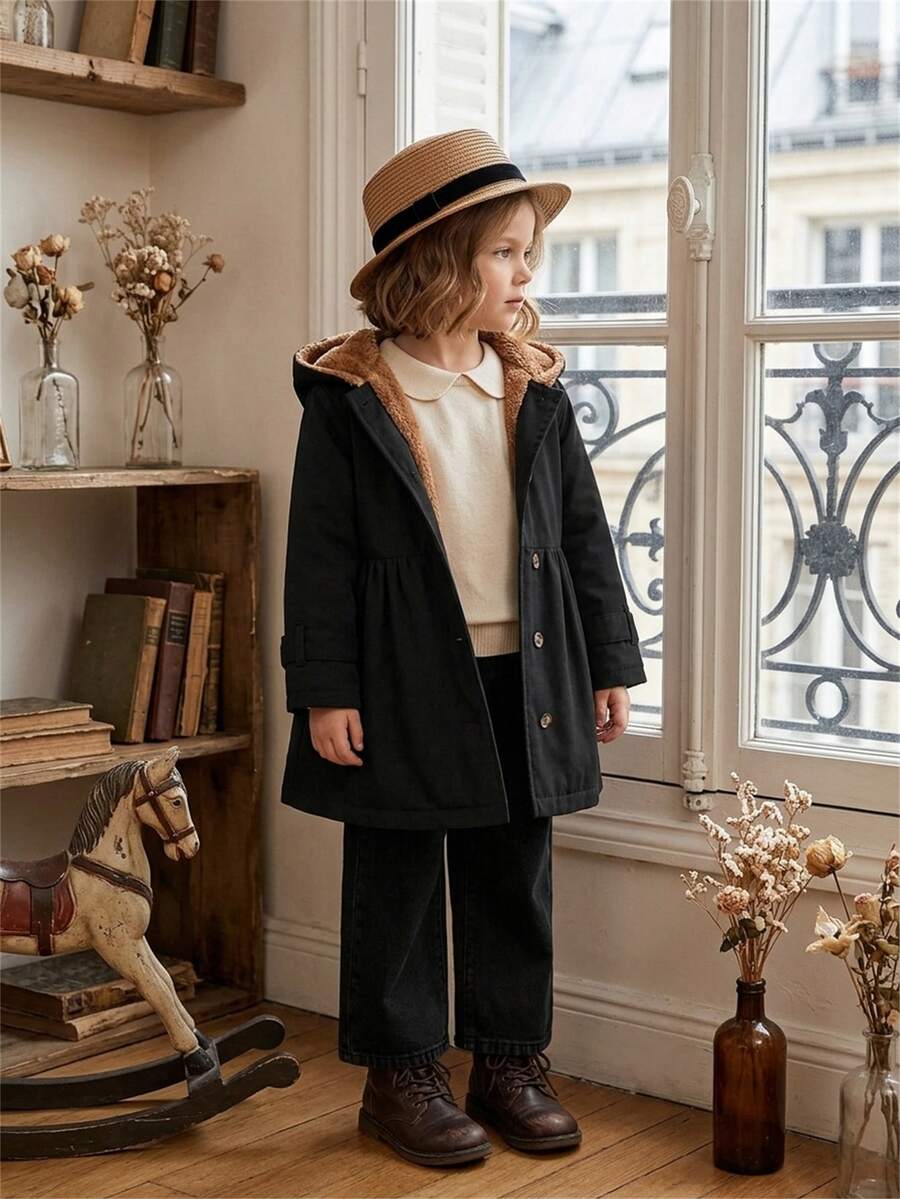 SHEIN Elladie kids 女童卡其色保暖內裡連帽雙排扣時尚外套，適合休閒日常穿著，冬季新款秋季連帽衫