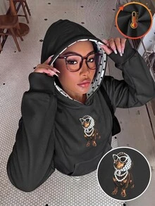 SHEIN Sparklyn 青少年女孩衛衣，黑色，寬鬆版型，秋冬保暖，時尚百搭，休閒，連帽，抓絨內裡，冬季，秋季，舒適，日常穿著，拉鍊，街頭風 - 深灰色 - 查看 1